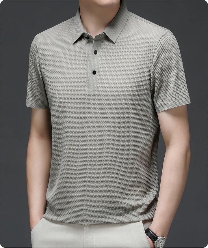 Close-up of textured mesh weave on men's button-up polo shirt