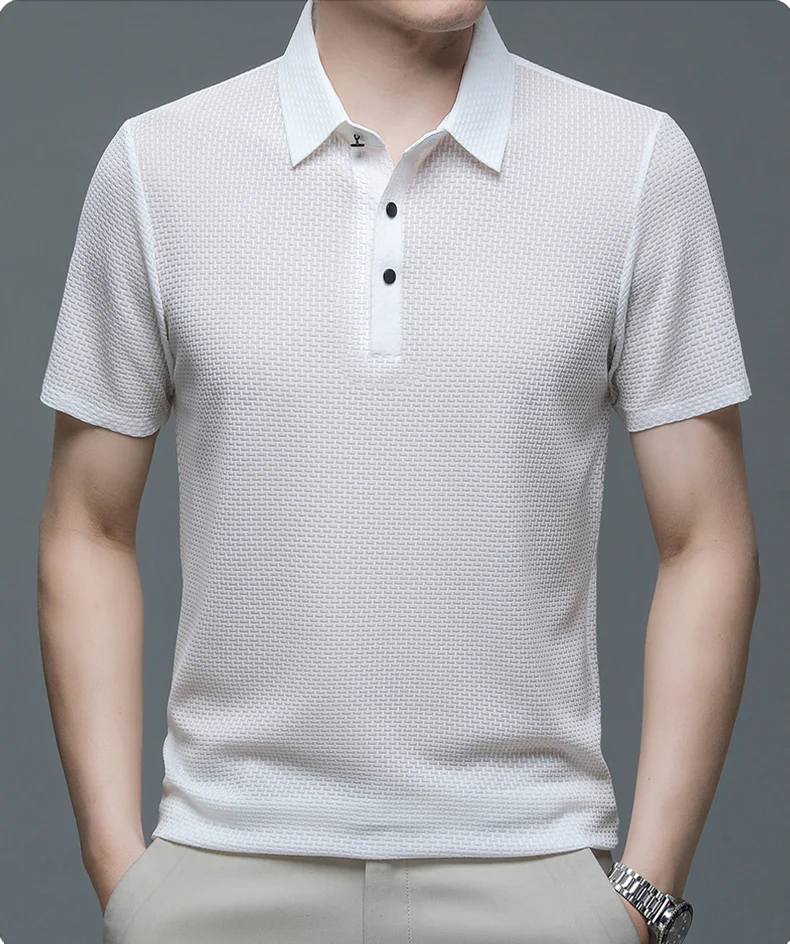 Men's polo shirt showing classic collar design and lightweight construction
