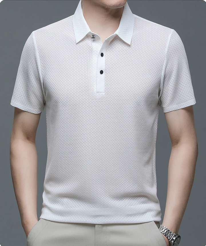 Men's polo shirt showing classic collar design and lightweight construction