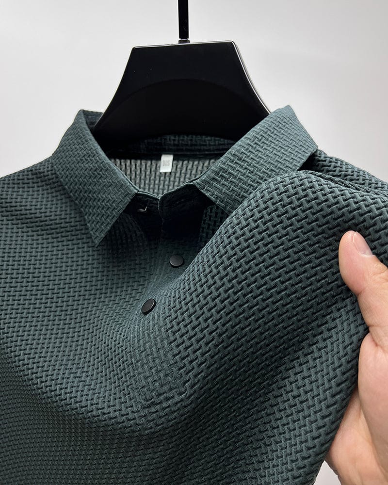 Men's polo shirt showing full button placket and classic collar design