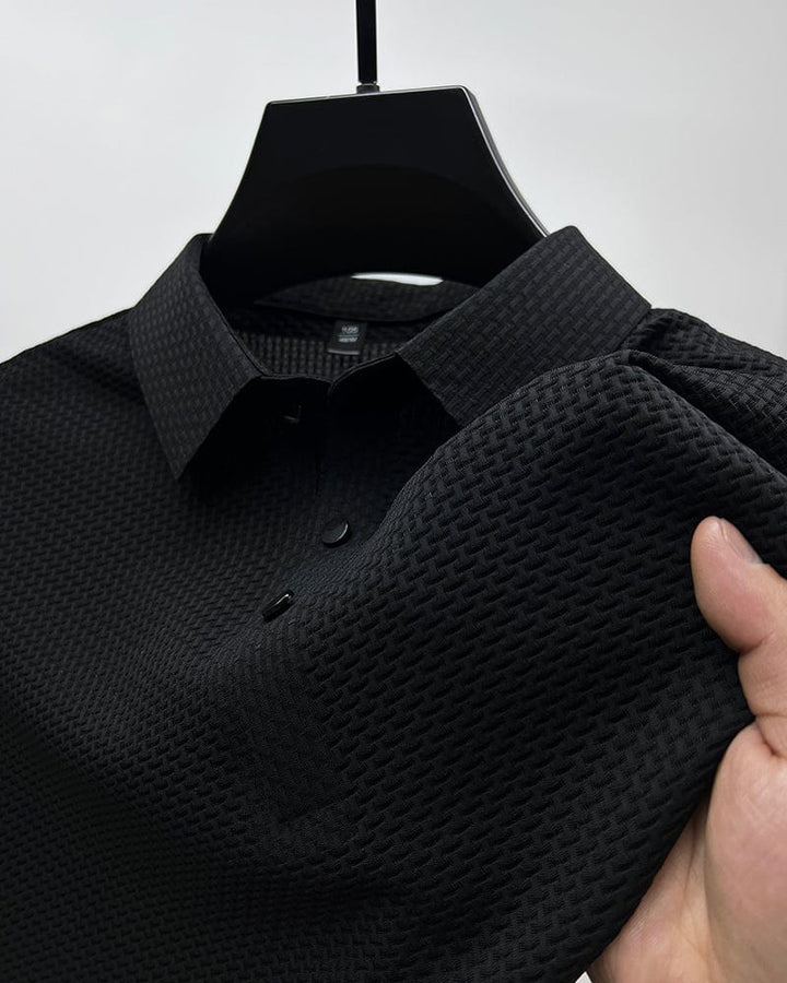 Side view of men's mesh polo shirt with structured fit and short sleeves
