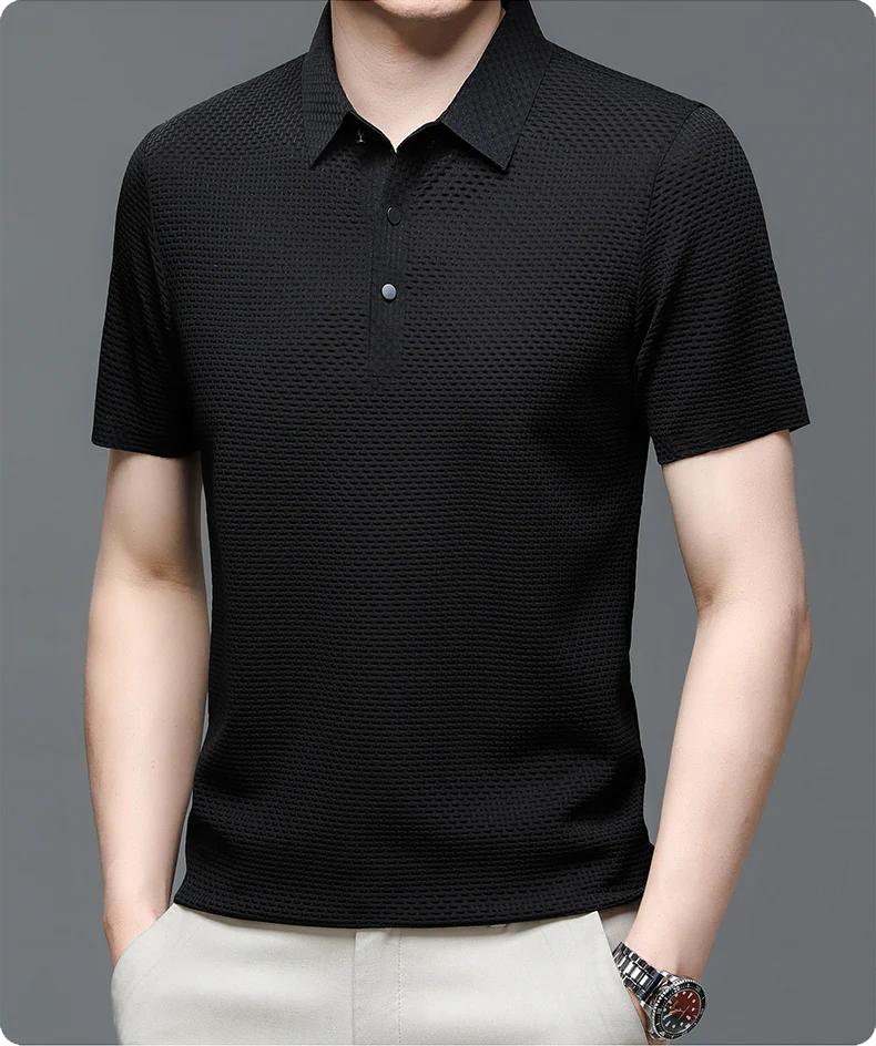 Men's polo shirt showing lightweight mesh weave and clean finish