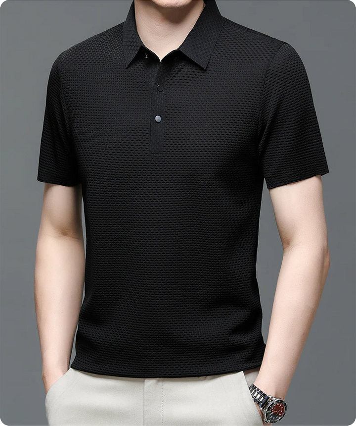 Men's polo shirt showing lightweight mesh weave and clean finish