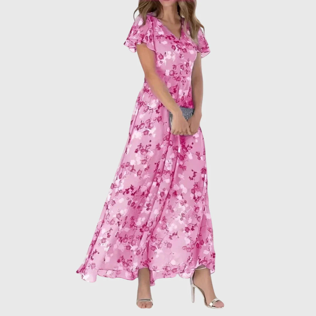 Full length view of floral Figure Flattering Dress styled with strappy heels