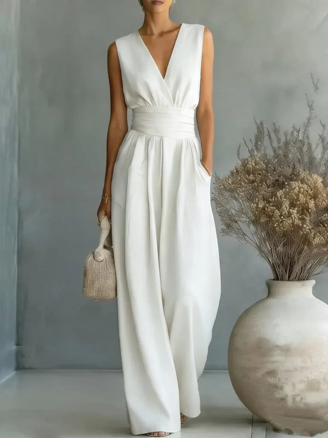 Model in light blue V neck jumpsuit styled with woven handbag showing refined tailored silhouette