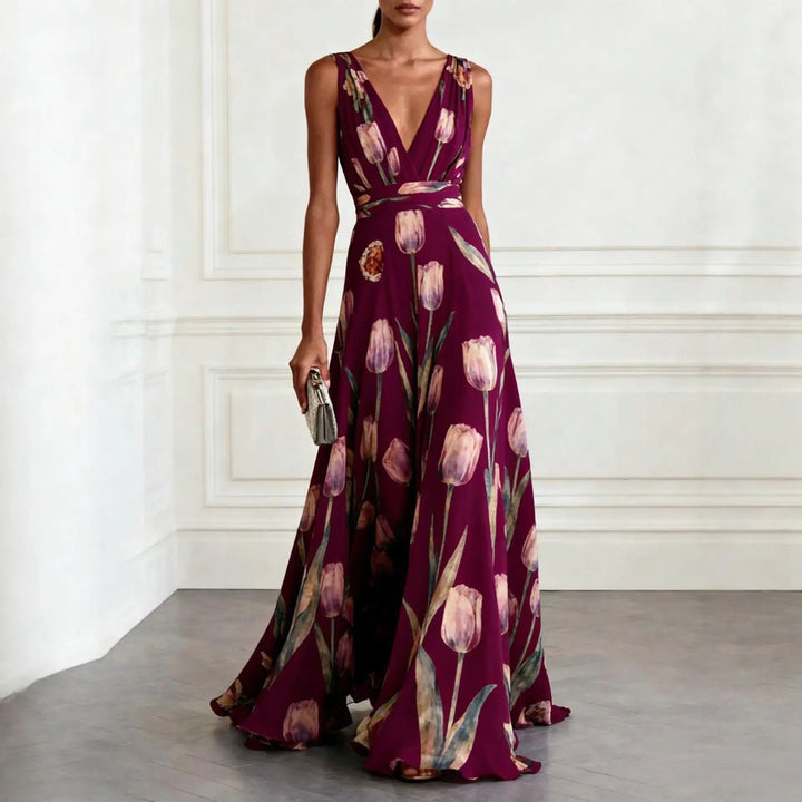 Side view of wrap waist maxi wedding guest dress with gathered bodice detail
