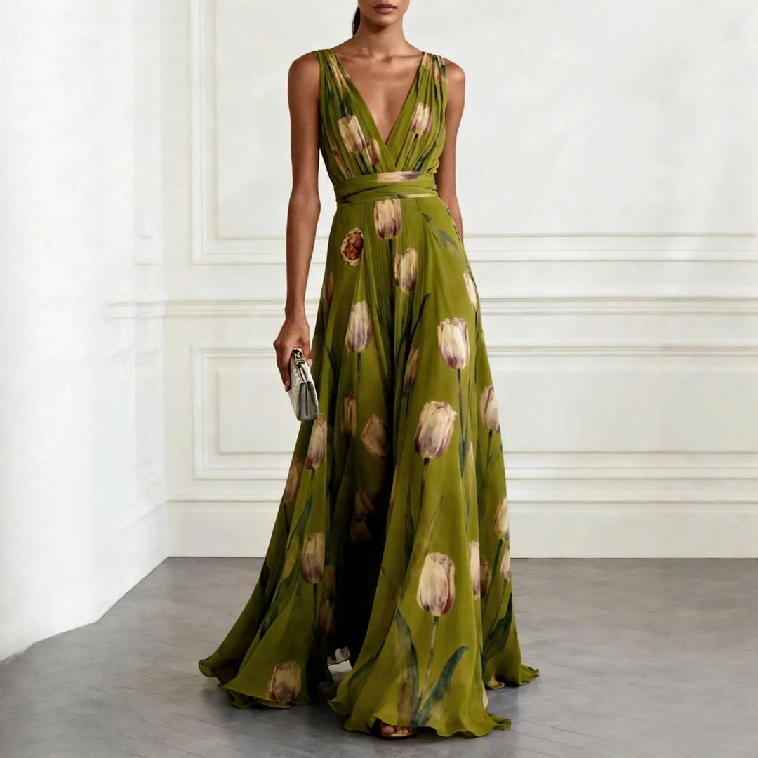 Back view of sleeveless maxi wedding guest dress with flowing skirt