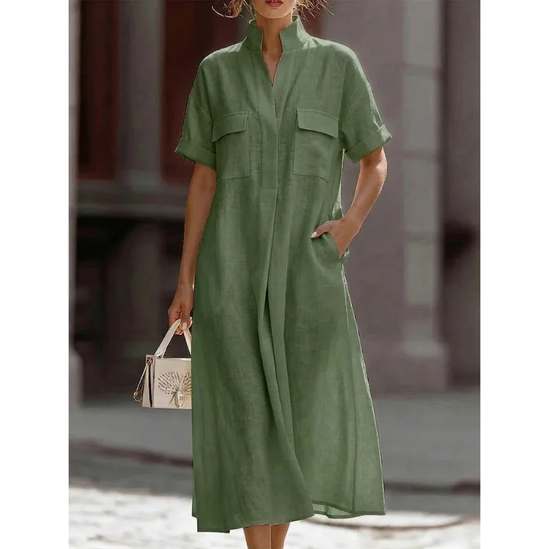 Detail of women's shirt dress stand collar and lightweight fabric drape